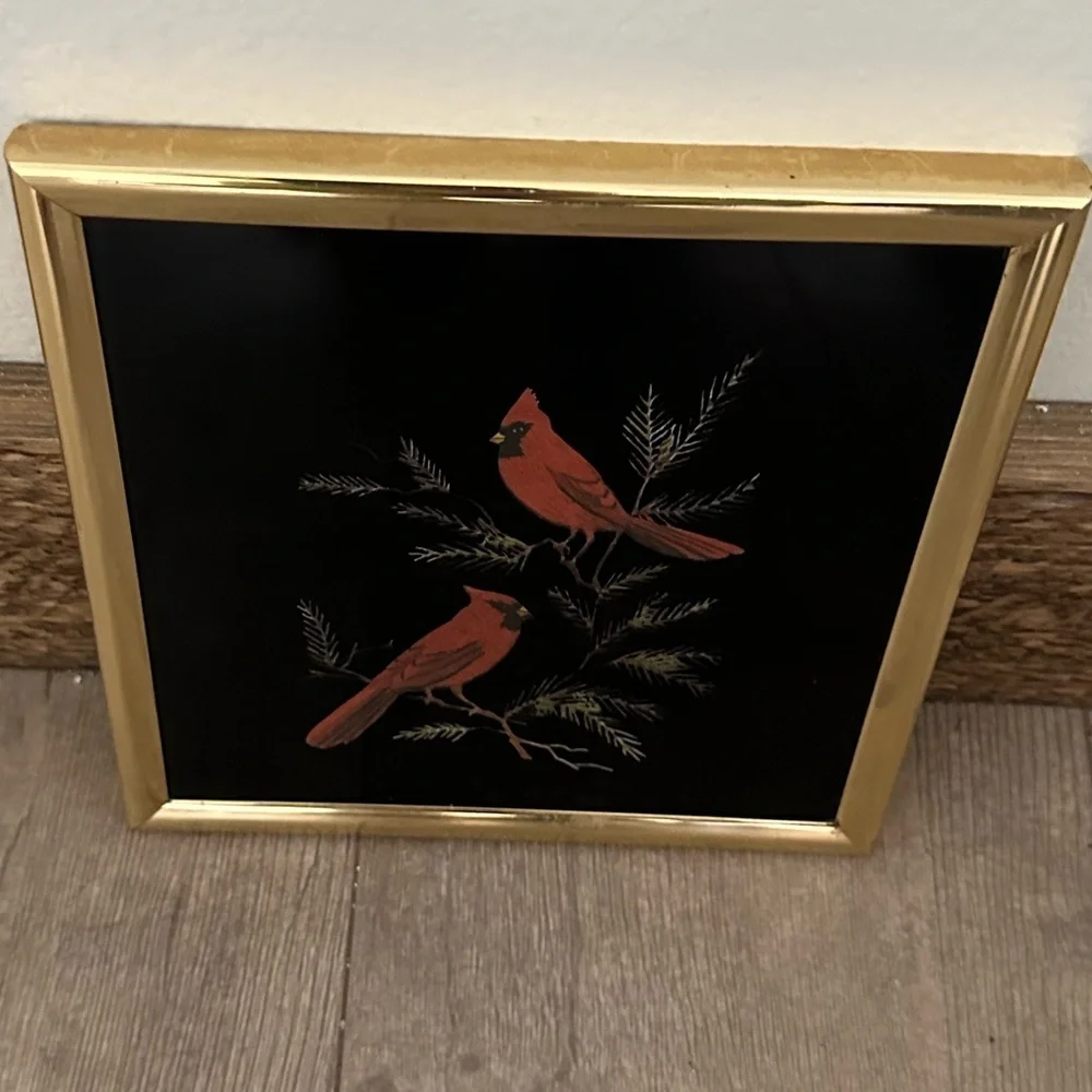 Framed Cardinal Picture Kafka Screened Metal Etching Vintage  Euc  Beautiful